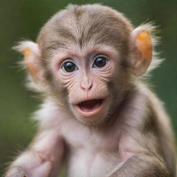 A cute baby macaque monkey sitting playfully with its gleaming eyes full of curiosity and innocence.