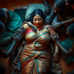 A voluptuous Indian woman with large breasts, elegantly dressed in a traditional saree, reclining gracefully on the floor