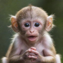 A cute baby macaque monkey sitting playfully with its gleaming eyes full of curiosity and innocence.