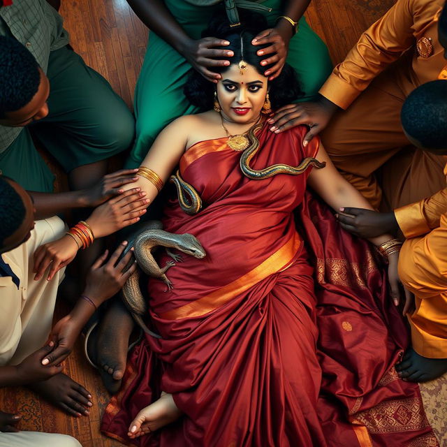 A voluptuous Indian woman with large breasts, elegantly dressed in a traditional saree, reclining gracefully on the floor