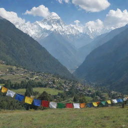 A breathtaking panoramic view of the Himalayas in Nepal with a foreground of verdant pastures, prayer flags fluttering in the wind.