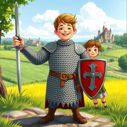 A young plump teenager is dressed as a knight in chain mail, standing proudly in a medieval landscape