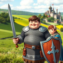 A young plump teenager is dressed as a knight in chain mail, standing proudly in a medieval landscape