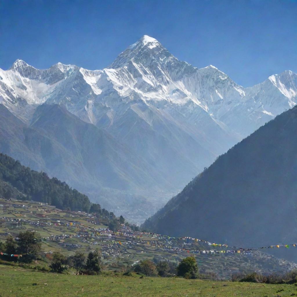 A breathtaking panoramic view of the Himalayas in Nepal with a foreground of verdant pastures, prayer flags fluttering in the wind.