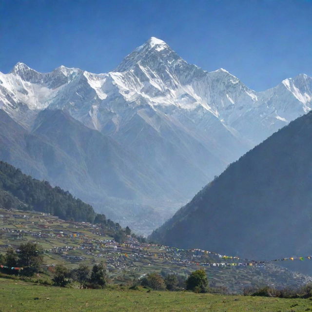 A breathtaking panoramic view of the Himalayas in Nepal with a foreground of verdant pastures, prayer flags fluttering in the wind.