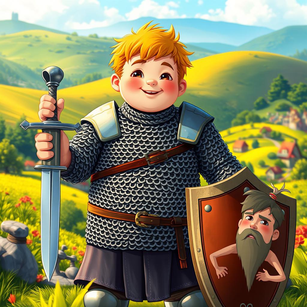 A young, plump knight dressed in chain mail stands proudly in a lush, medieval landscape