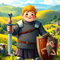 A young, plump knight dressed in chain mail stands proudly in a lush, medieval landscape