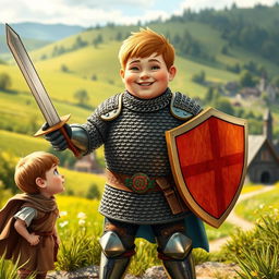 A young, plump knight dressed in chain mail stands proudly in a lush, medieval landscape