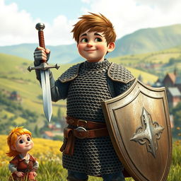 A young, plump knight dressed in chain mail stands proudly in a lush, medieval landscape