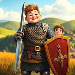 A young, plump knight dressed in chain mail stands proudly in a lush, medieval landscape