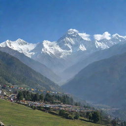 A breathtaking panoramic view of the Himalayas in Nepal with a foreground of verdant pastures, prayer flags fluttering in the wind.