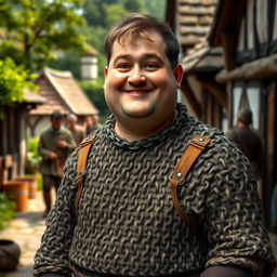 A young, plump peasant wearing a simple yet functional outfit, complemented by a set of well-worn chain mail that adds an air of authenticity