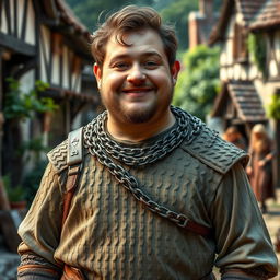 A young, plump peasant wearing a simple yet functional outfit, complemented by a set of well-worn chain mail that adds an air of authenticity