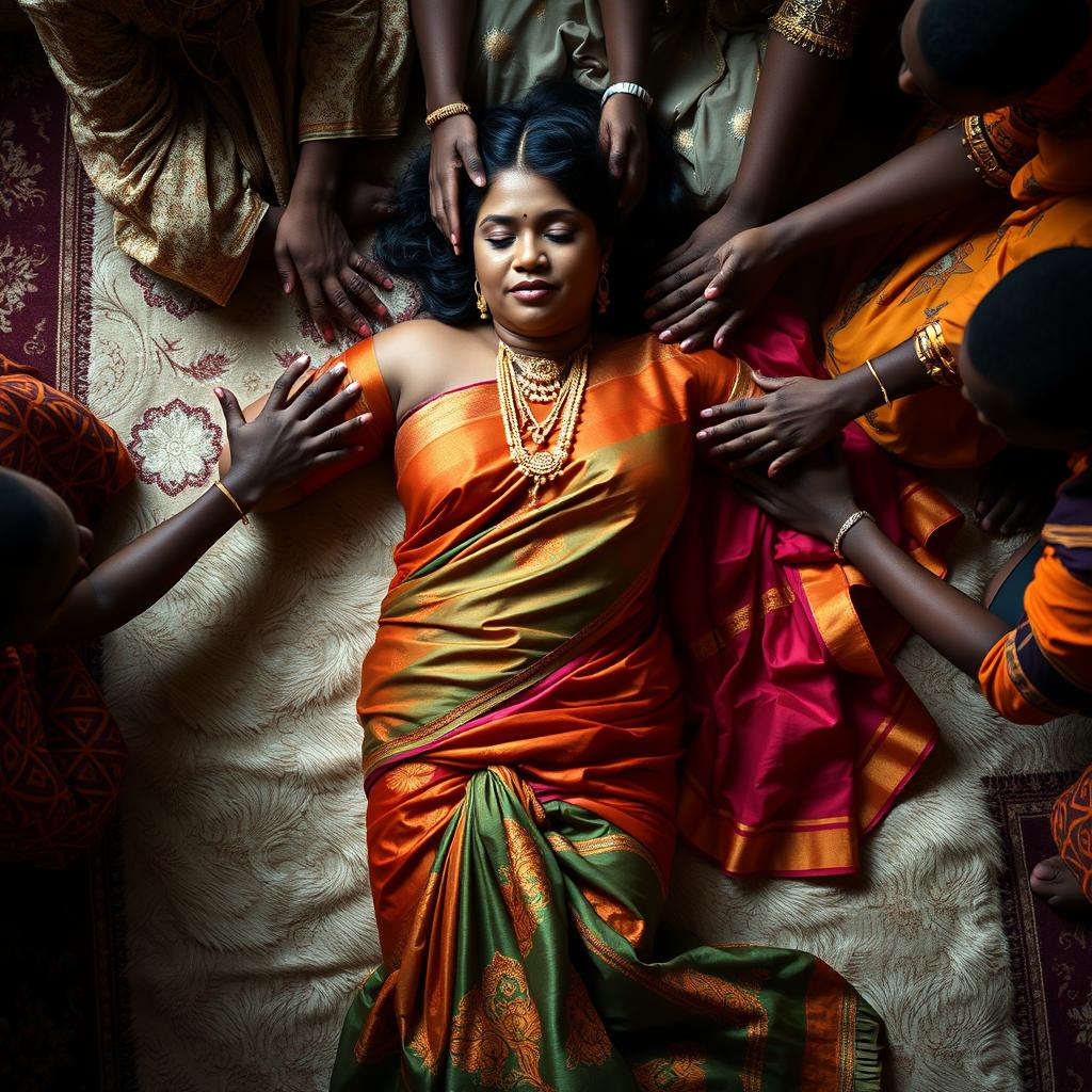 A large-breasted Indian woman, elegantly draped in a vibrant saree, reclines on a soft, ornate floor