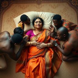 A large-breasted Indian woman, elegantly draped in a vibrant saree, reclines on a soft, ornate floor