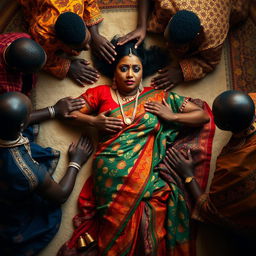 A large-breasted Indian woman, elegantly draped in a vibrant saree, reclines on a soft, ornate floor