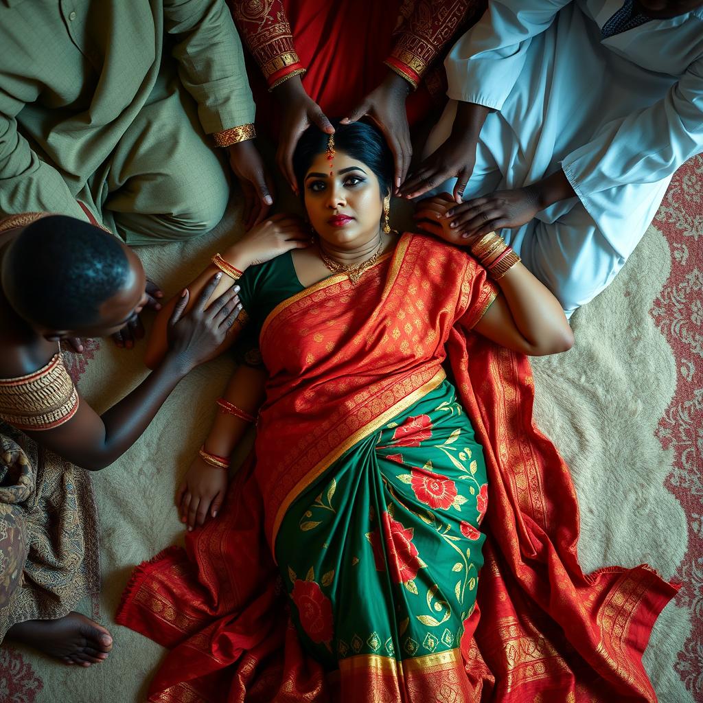 A large-breasted Indian woman, elegantly draped in a vibrant saree, reclines on a soft, ornate floor