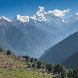 A breathtaking panoramic view of the Himalayas in Nepal with a foreground of verdant pastures, prayer flags fluttering in the wind.