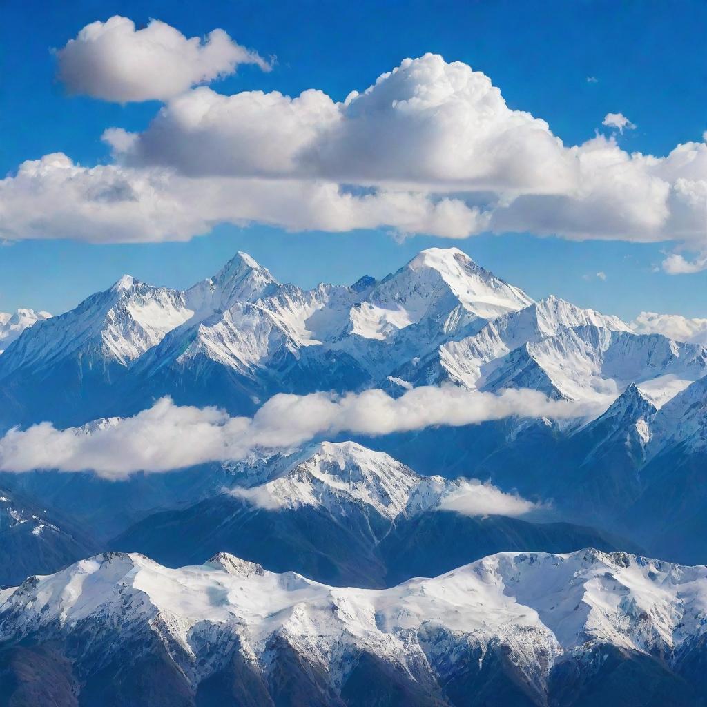 A scenic landscape teeming with majestic, snow-capped mountain ranges underneath a vibrant blue sky dotted with fluffy white clouds.