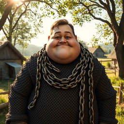 A young, plump giant portrayed as a naive peasant wearing oversized, well-worn chain mail that emphasizes his unique stature