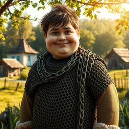 A young, plump giant portrayed as a naive peasant wearing oversized, well-worn chain mail that emphasizes his unique stature