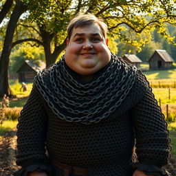 A young, plump giant portrayed as a naive peasant wearing oversized, well-worn chain mail that emphasizes his unique stature