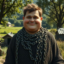 A young, plump giant portrayed as a naive peasant wearing oversized, well-worn chain mail that emphasizes his unique stature