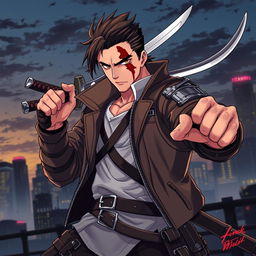 A fierce warrior inspired by Scarface, depicted in a striking anime art style