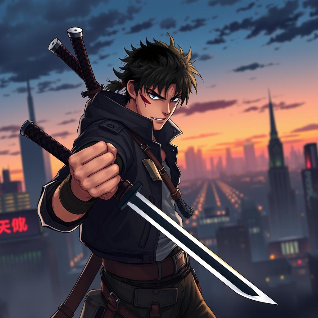 A fierce warrior inspired by Scarface, depicted in a striking anime art style