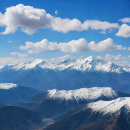 A scenic landscape teeming with majestic, snow-capped mountain ranges underneath a vibrant blue sky dotted with fluffy white clouds.