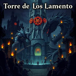 A pixel art cover illustration for a video game titled 'Torre de los Lamento DLC'