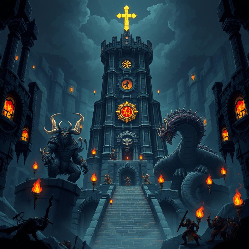 A pixel art cover illustration for a video game titled 'Torre de los Lamento DLC'