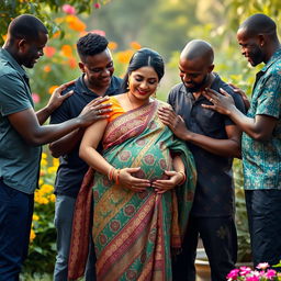 A serene and intimate scene featuring a pregnant Indian woman wearing a traditional saree, with intricate patterns and vibrant colors, standing gracefully