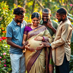 A serene and intimate scene featuring a pregnant Indian woman wearing a traditional saree, with intricate patterns and vibrant colors, standing gracefully