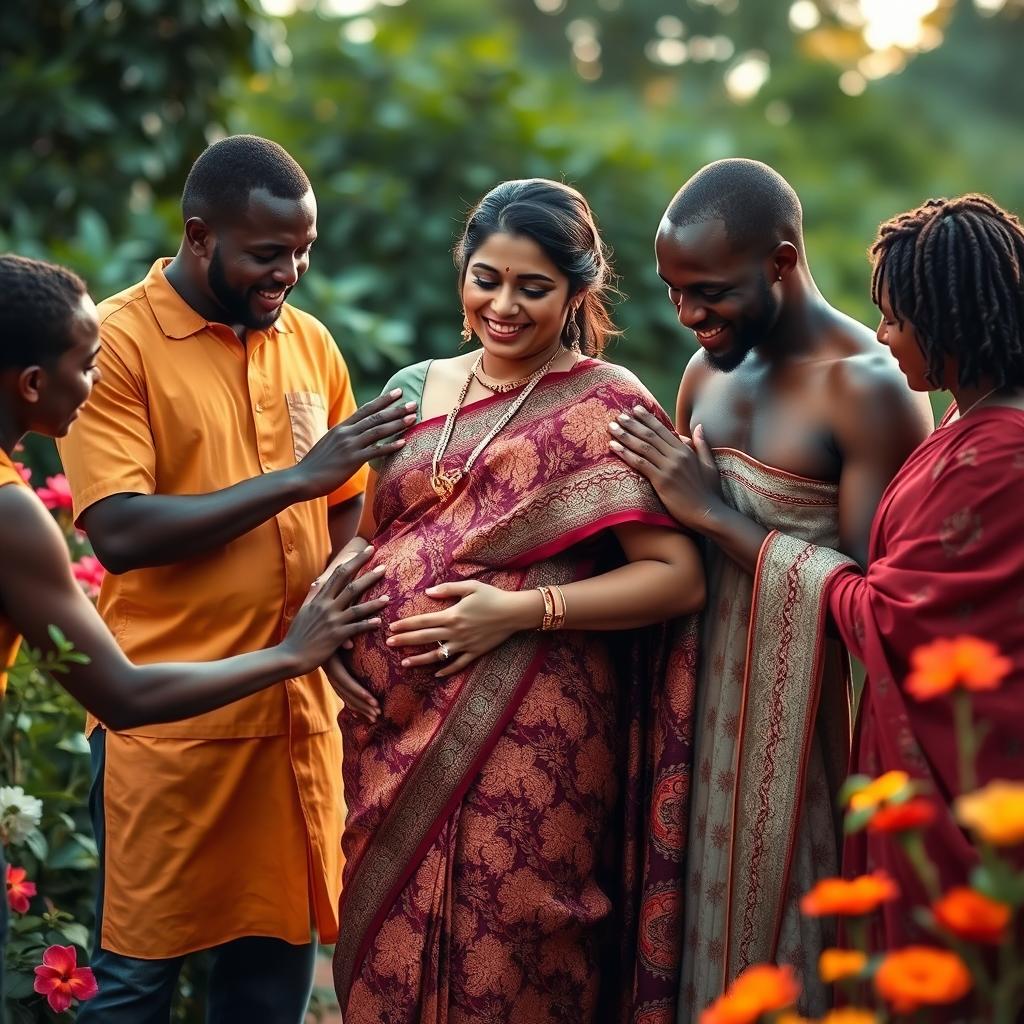 A serene and intimate scene featuring a pregnant Indian woman wearing a traditional saree, with intricate patterns and vibrant colors, standing gracefully