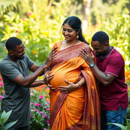 A serene and intimate scene featuring a pregnant Indian woman wearing a traditional saree, with intricate patterns and vibrant colors, standing gracefully