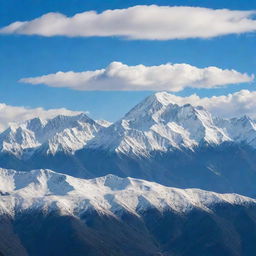 A scenic landscape teeming with majestic, snow-capped mountain ranges underneath a vibrant blue sky dotted with fluffy white clouds.