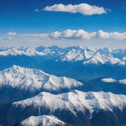 A scenic landscape teeming with majestic, snow-capped mountain ranges underneath a vibrant blue sky dotted with fluffy white clouds.