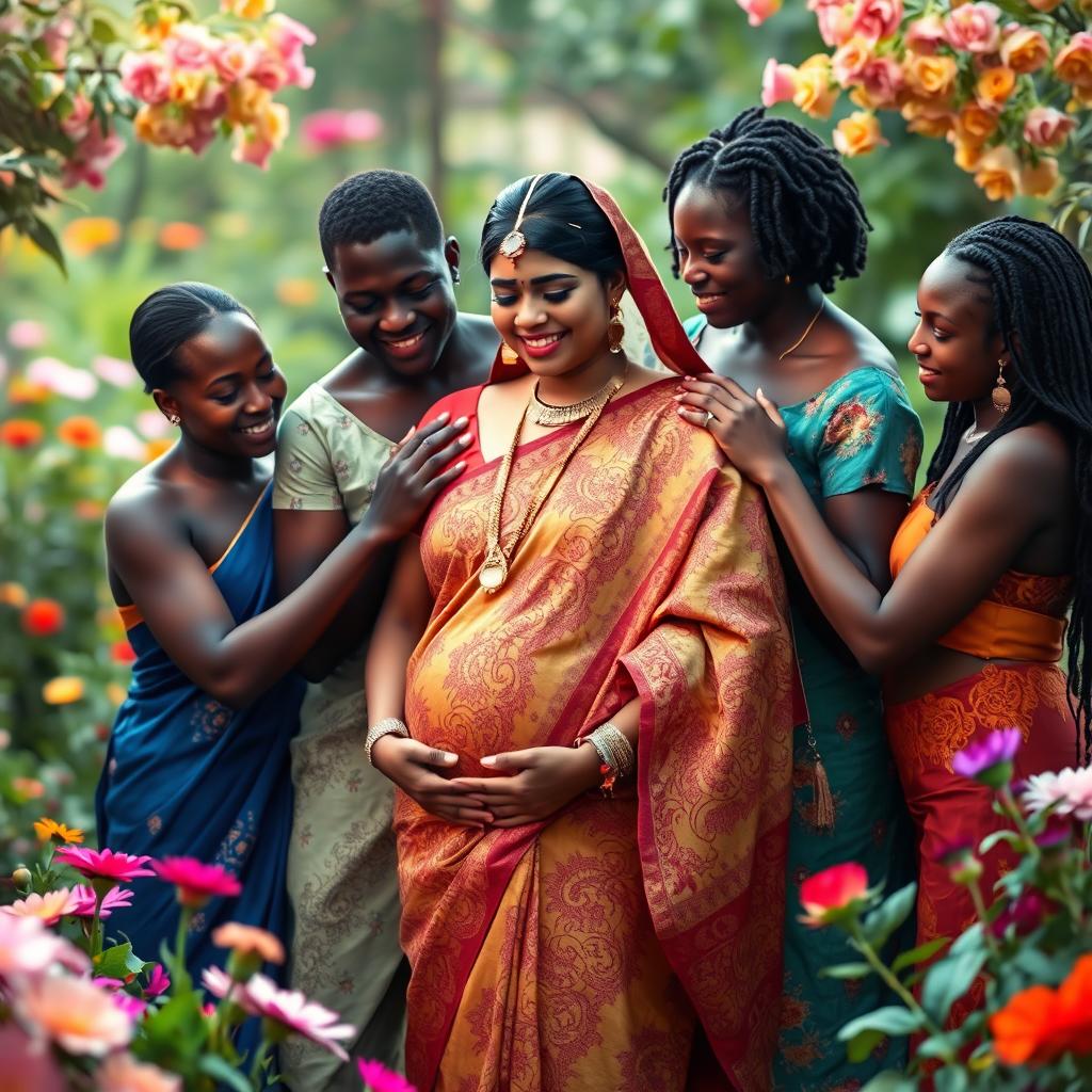 A serene and intimate scene depicting a pregnant Indian woman dressed in a beautifully designed traditional saree, adorned with intricate patterns and vibrant colors
