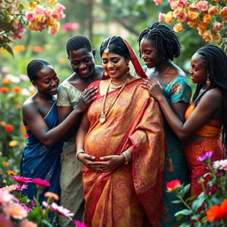 A serene and intimate scene depicting a pregnant Indian woman dressed in a beautifully designed traditional saree, adorned with intricate patterns and vibrant colors