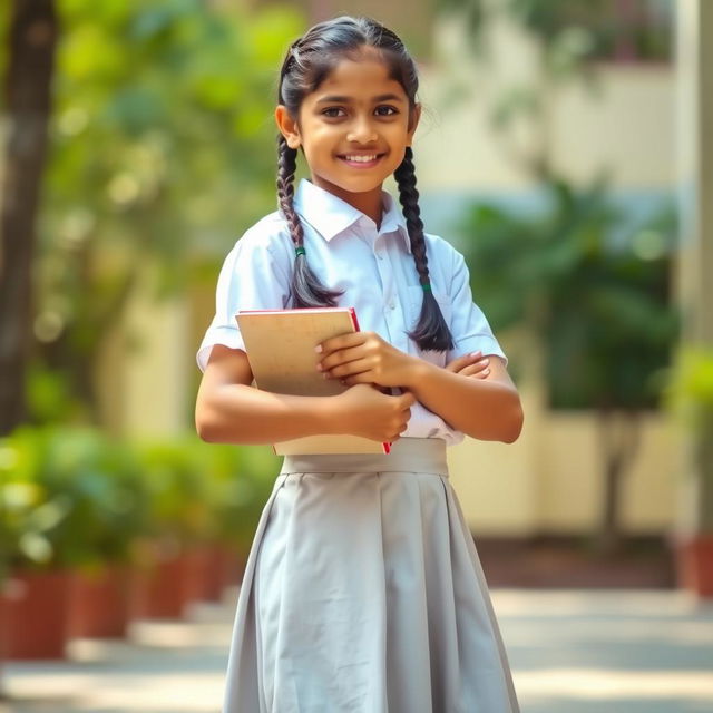 A portrait of a young Indian school girl in a traditional school uniform featuring a crisp white shirt and a knee-length skirt, standing confidently in a bright school setting