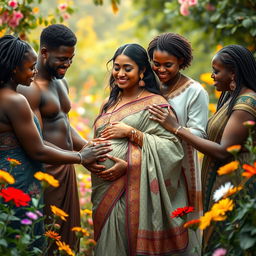 A serene and intimate scene depicting a pregnant Indian woman dressed in a beautifully designed traditional saree, adorned with intricate patterns and vibrant colors