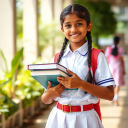 A portrait of a young Indian school girl in a traditional school uniform featuring a crisp white shirt and a knee-length skirt, standing confidently in a bright school setting