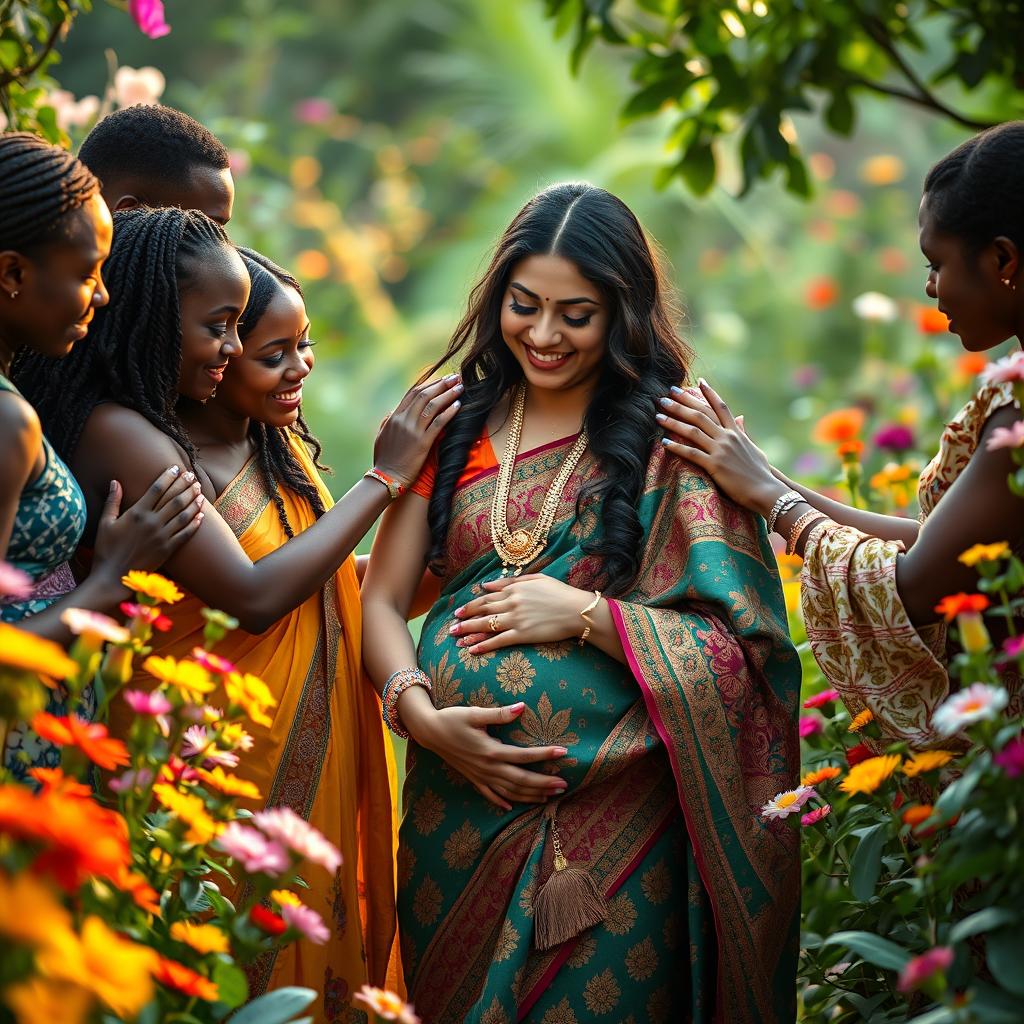 A serene and intimate scene depicting a pregnant Indian woman dressed in a beautifully designed traditional saree, adorned with intricate patterns and vibrant colors