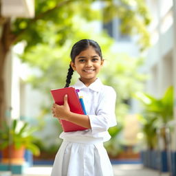 A portrait of a young Indian school girl in a traditional school uniform featuring a crisp white shirt and a knee-length skirt, standing confidently in a bright school setting