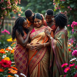 A serene and intimate scene depicting a pregnant Indian woman dressed in a beautifully designed traditional saree, adorned with intricate patterns and vibrant colors