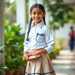 A portrait of a young Indian school girl in a traditional school uniform featuring a crisp white shirt and a knee-length skirt, standing confidently in a bright school setting