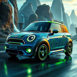 A striking visual showcasing a unique hybrid vehicle that merges elements of a Mini Aceman and an Avatar-inspired design