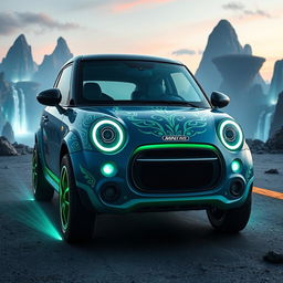 A striking visual showcasing a unique hybrid vehicle that merges elements of a Mini Aceman and an Avatar-inspired design