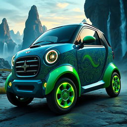 A striking visual showcasing a unique hybrid vehicle that merges elements of a Mini Aceman and an Avatar-inspired design